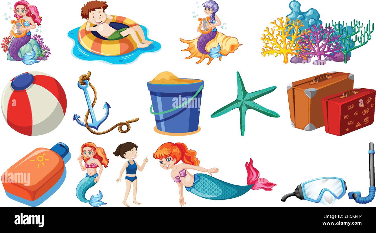 Set of summer beach objects and cartoon characters illustration Stock  Vector Image & Art - Alamy