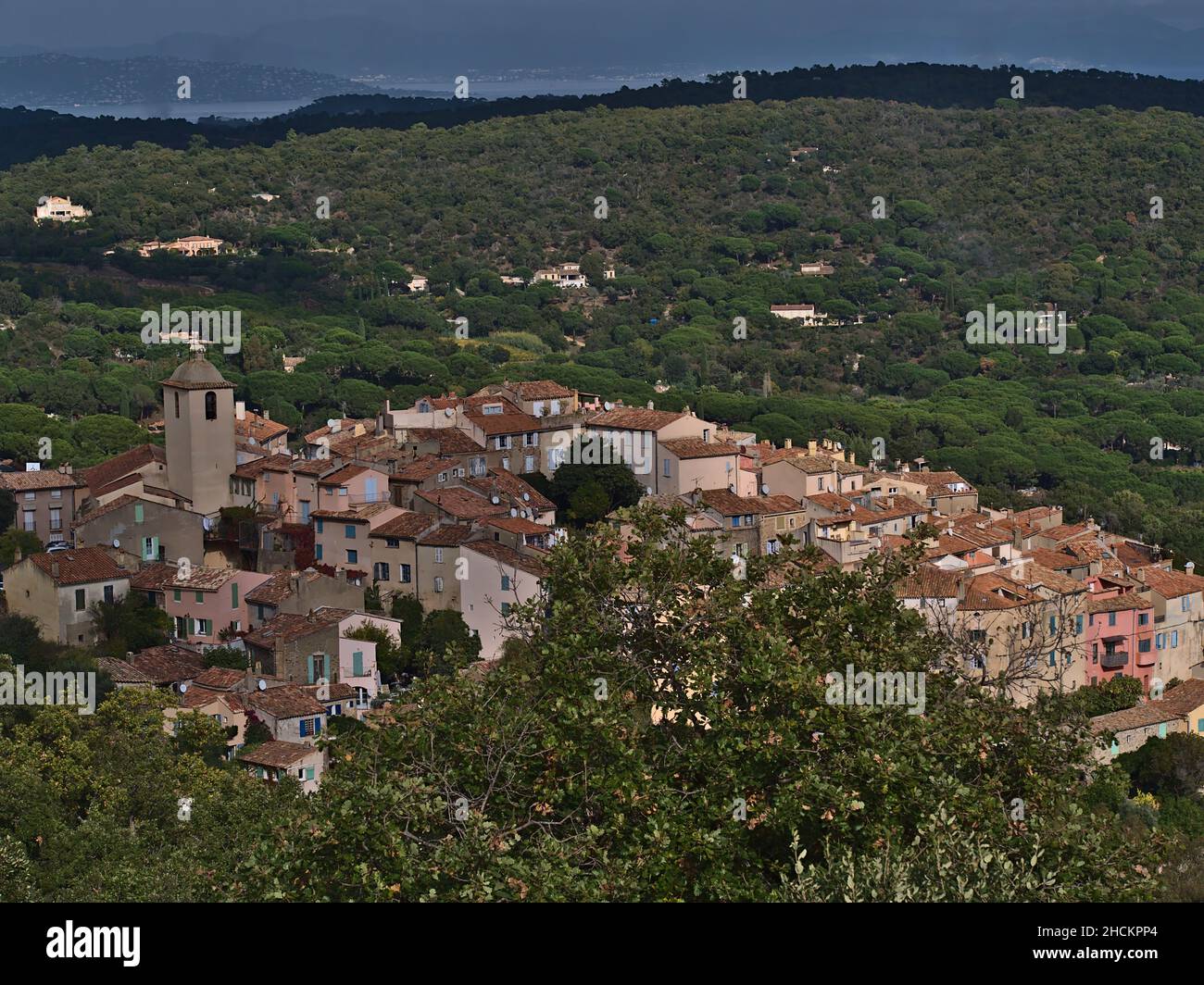 High angle view of the historic center of small village Ramatuelle, French Riviera at the mediterranean coast with church and old buildings. Stock Photo