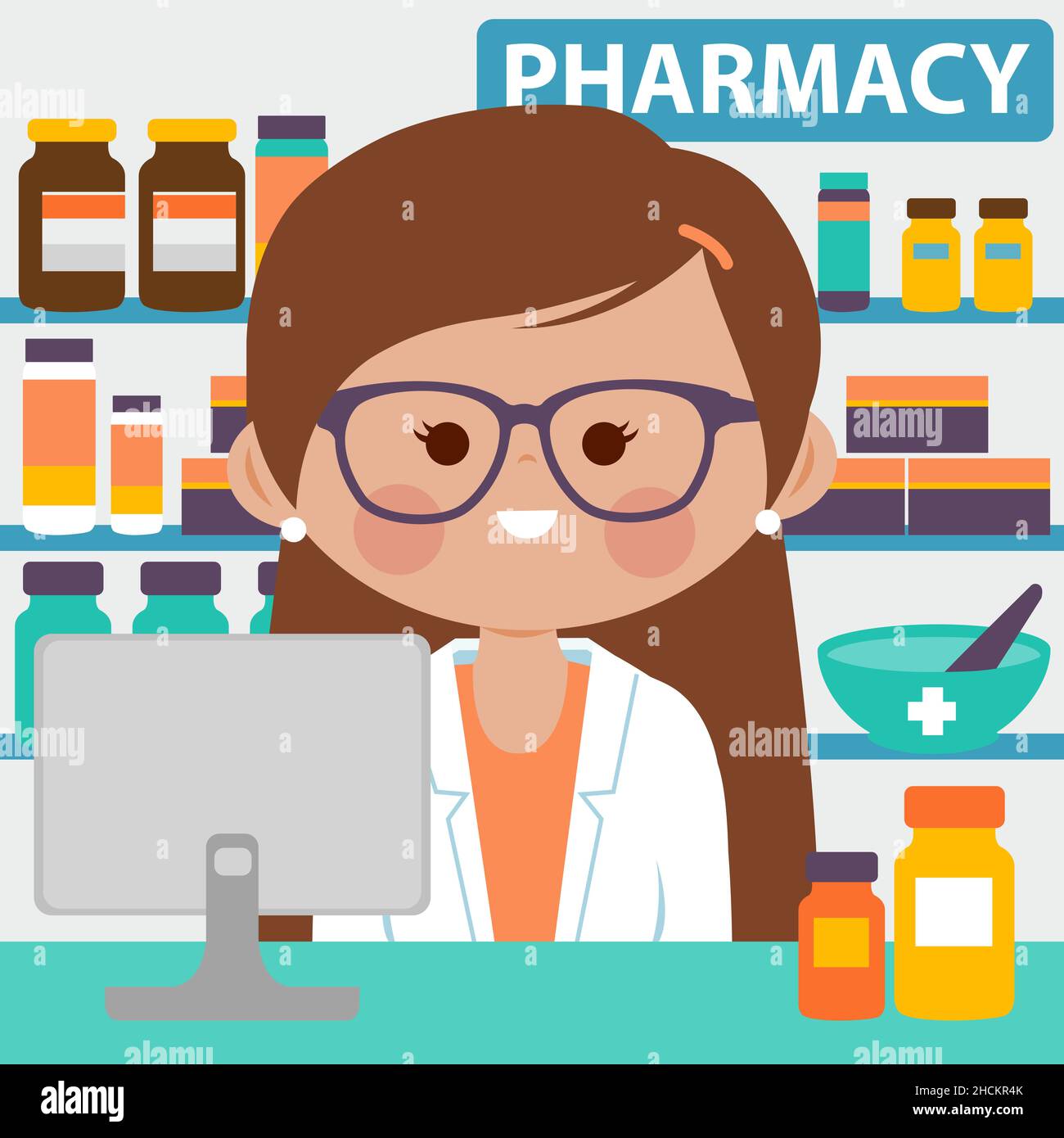 Pharmacist at the counter in a pharmacy opposite of shelves with medicines. Stock Photo