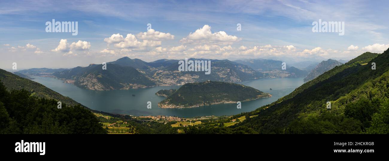 Europe, Italy, Lombardy, Lake Iseo, Sebino Lake, Sulzano, panoramic view from the Sanctuary of S. Maria del Giogo. Stock Photo