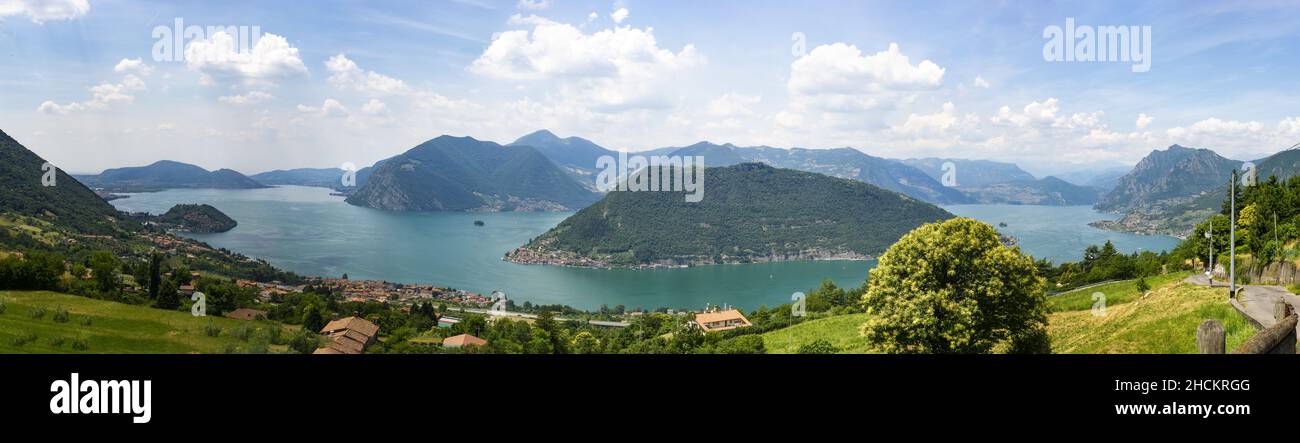 Europe, Italy, Lombardy, Lake Iseo, Sebino Lake, Sulzano, panoramic view from the Sanctuary of S. Maria del Giogo. Stock Photo