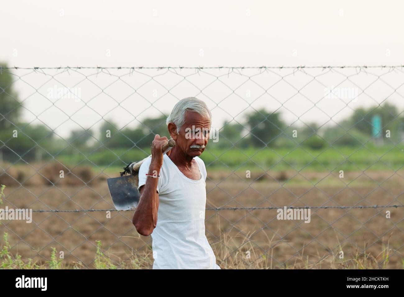 Close-up portrait photo of An senior male Indian farmer standing in the ...