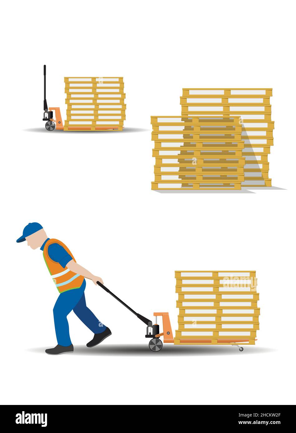 A set of vector images of moving hand pallet trucks, collecting, storing and moving empty pallets. Storage equipment. Flat vector illustration. Stock Vector