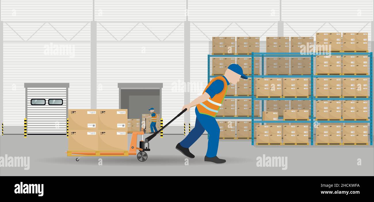 The loader moves pallets with boxes on the stack using a hand pallet truck. Storage, sorting and delivery. Storage equipment. Flat vector illustration Stock Vector