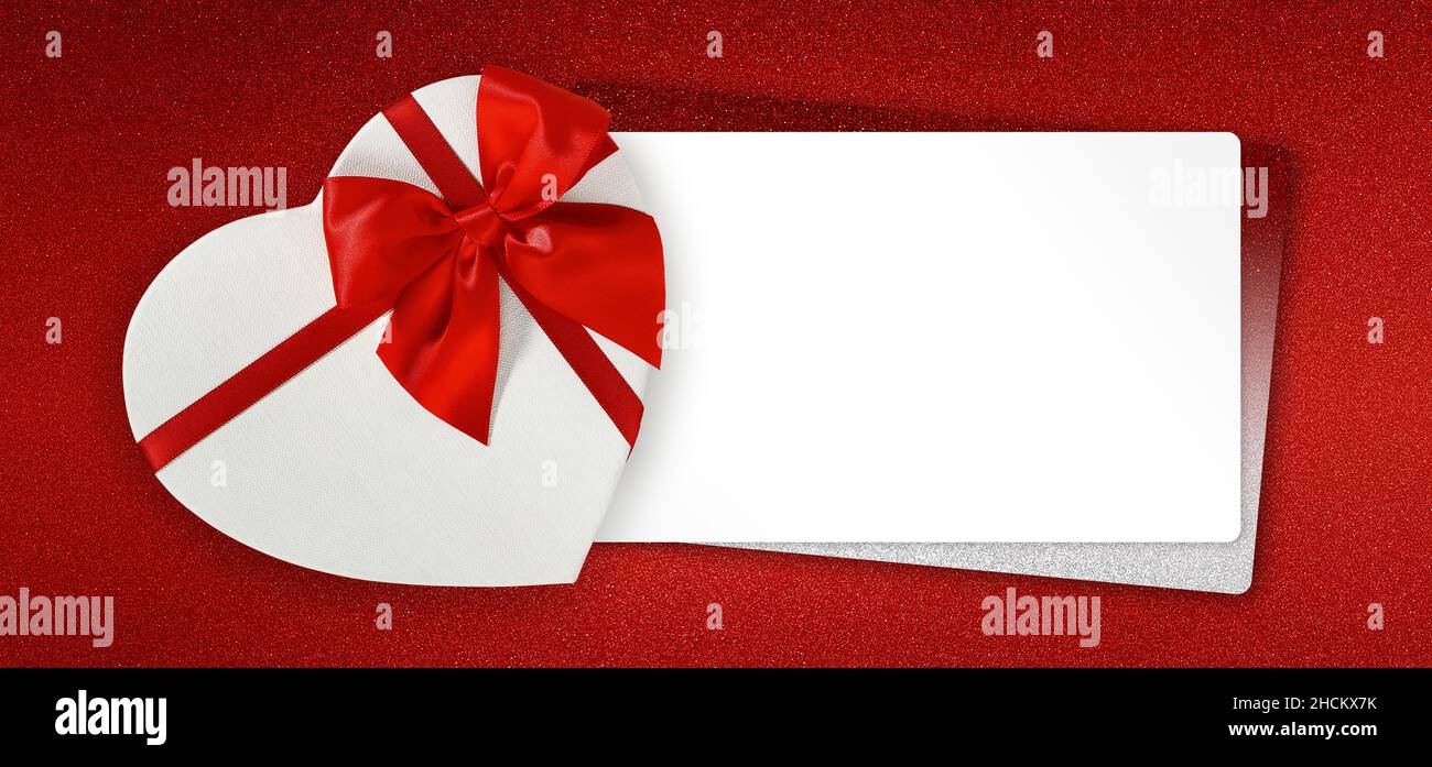 valentines day gift card, heart shaped box with red ribbon bow and ...