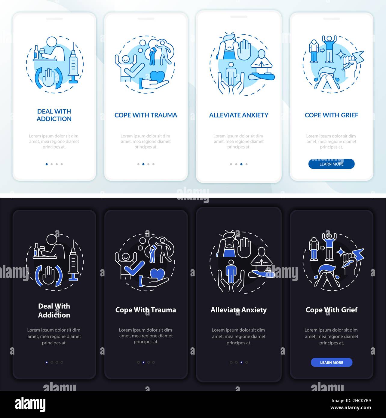 Emotional support night and day mode onboarding mobile app screen Stock ...