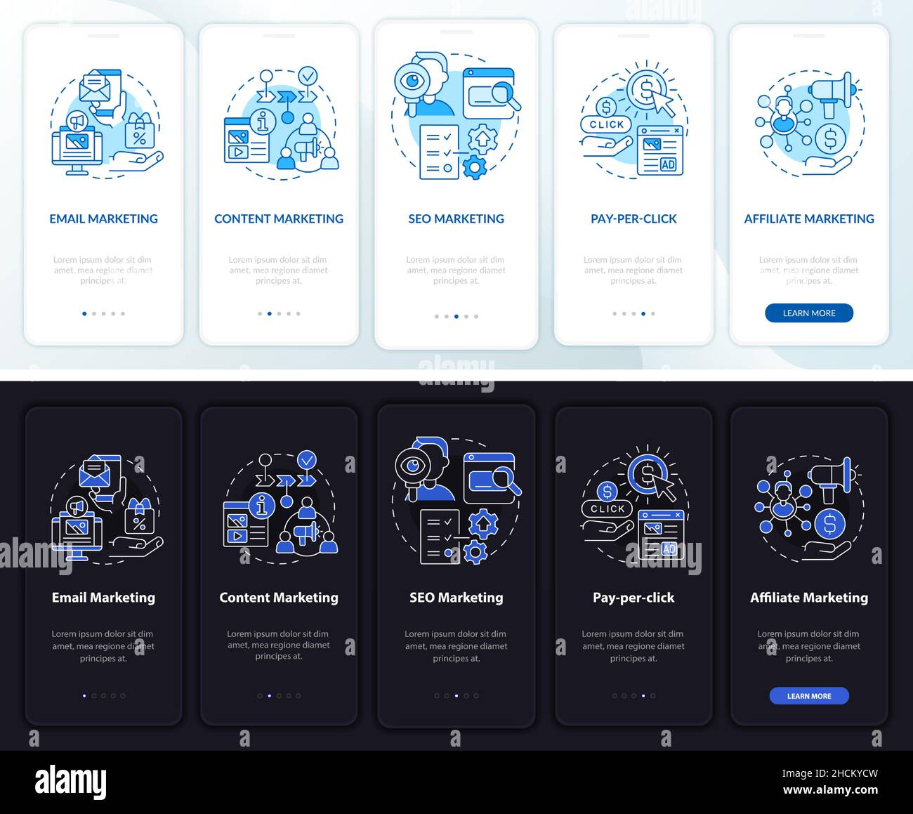 Marketing strategies night and day mode onboarding mobile app screen ...
