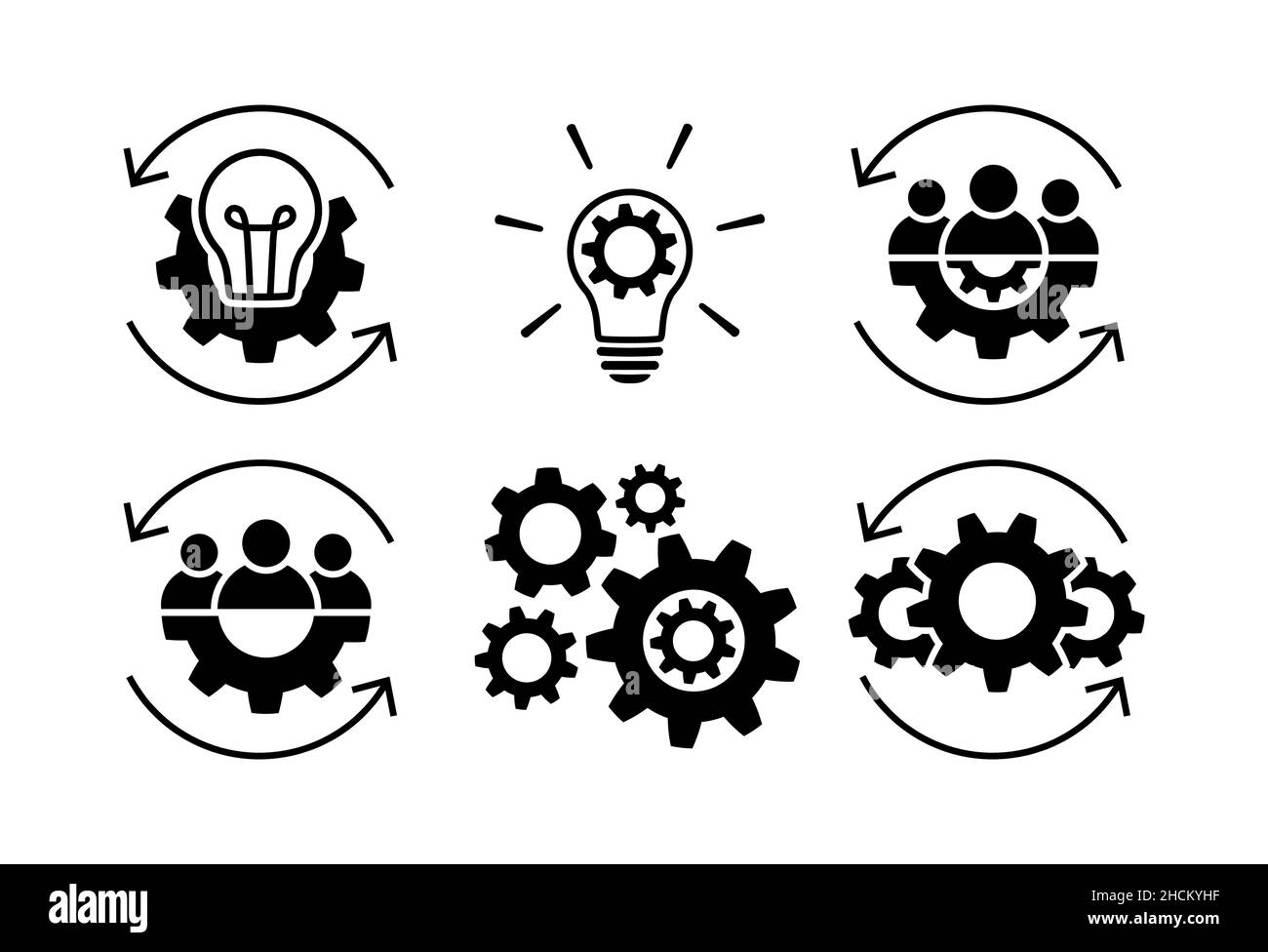 Process icons. Teamwork and creative icon set. Team and gear symbols isolated on white. Leadership signs in flat style. Group of people symbol. Teamwo Stock Vector