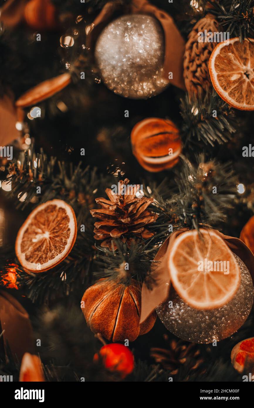 Dried mandarins, oranges,cones hanging on the Christmas tree branches. Cozy winter details and golden magic bokeh lights. Winter holiday decorations Stock Photo