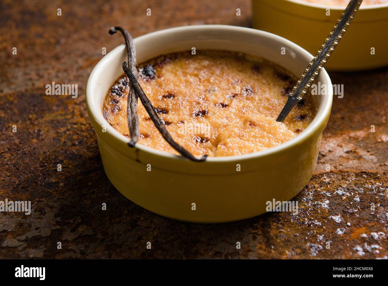 Spanish crema catalana. Creme brulee. Traditional French vanilla cream dessert. Burned cream
