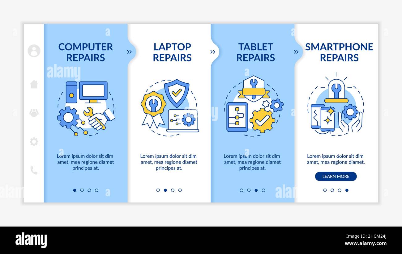 Types of services blue and white onboarding template Stock Vector