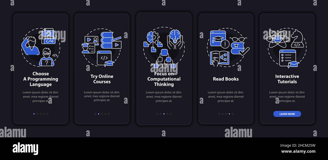 How to learn to code night mode onboarding mobile app screen Stock ...