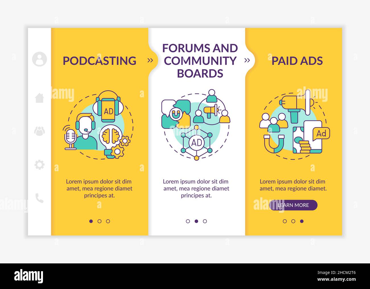 Digital marketing examples yellow onboarding template Stock Vector
