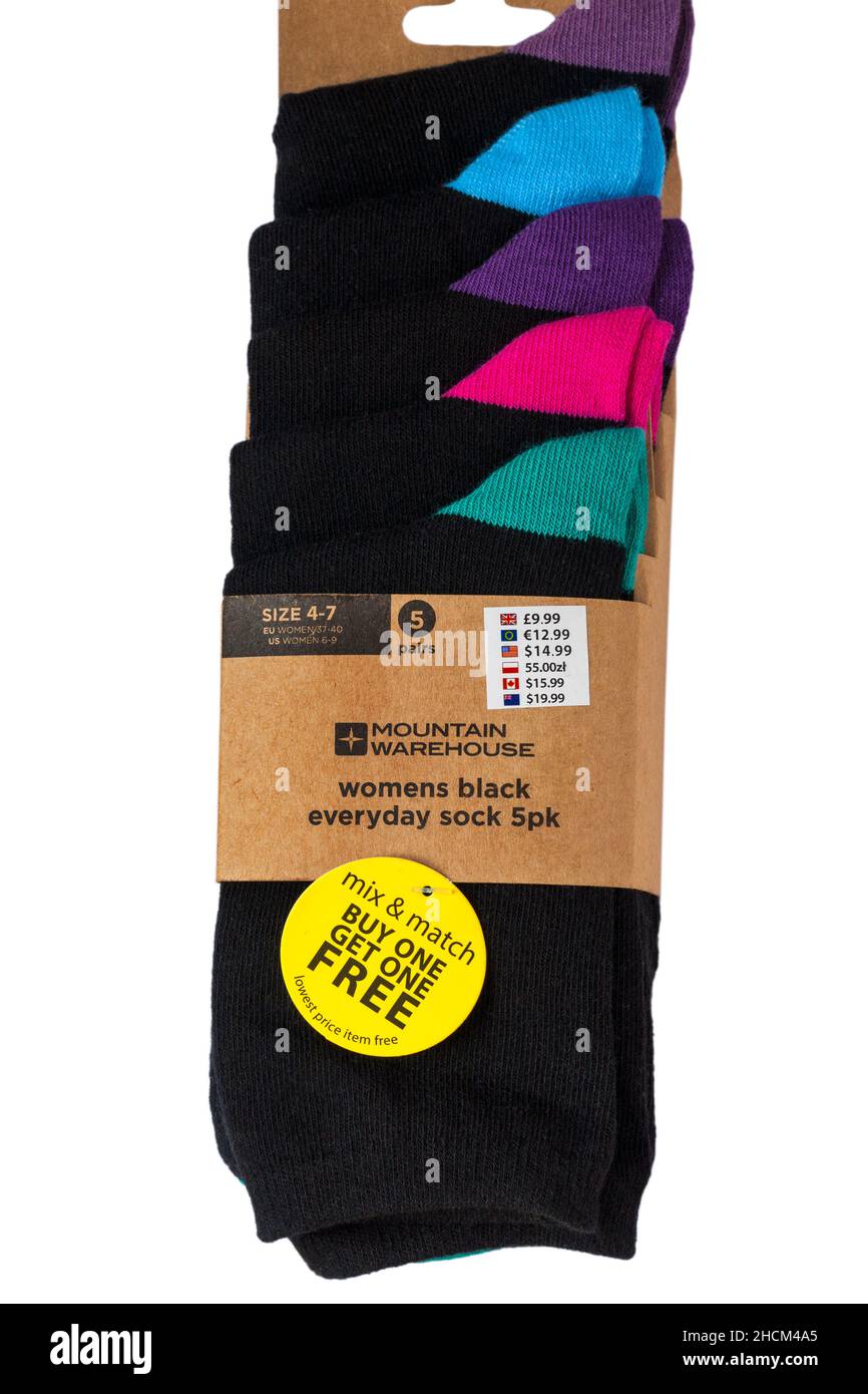 Pack of womens black everyday sock 5pk from Mountain Warehouse set on white background, pack of socks mix & match buy one get one free BOGOF Stock Photo