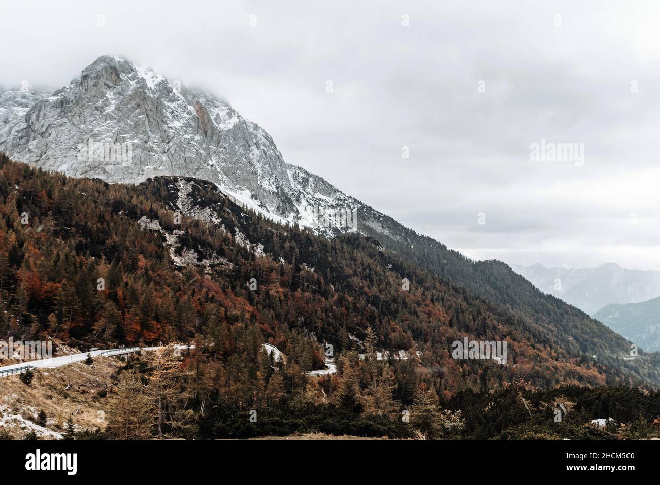 Long exposure view of the Vrsic mountain pass road in Julian alps in Slovenia in fall Stock Photo
