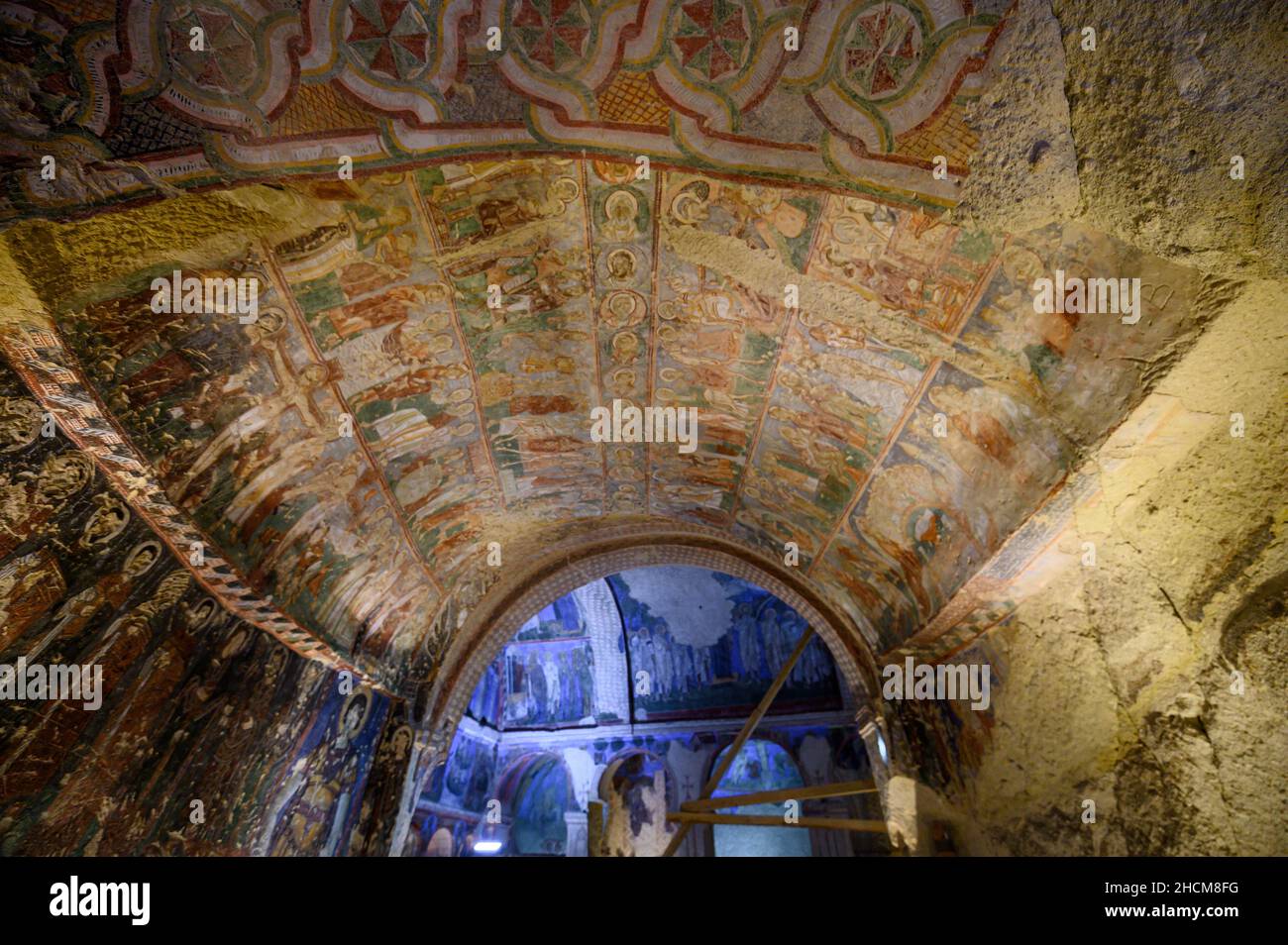 Frescos and murals in ancient cave church of the Buckle or Tokali Kilise painted in directly onto rock, Goreme, Cappadocia, Turkey Stock Photo