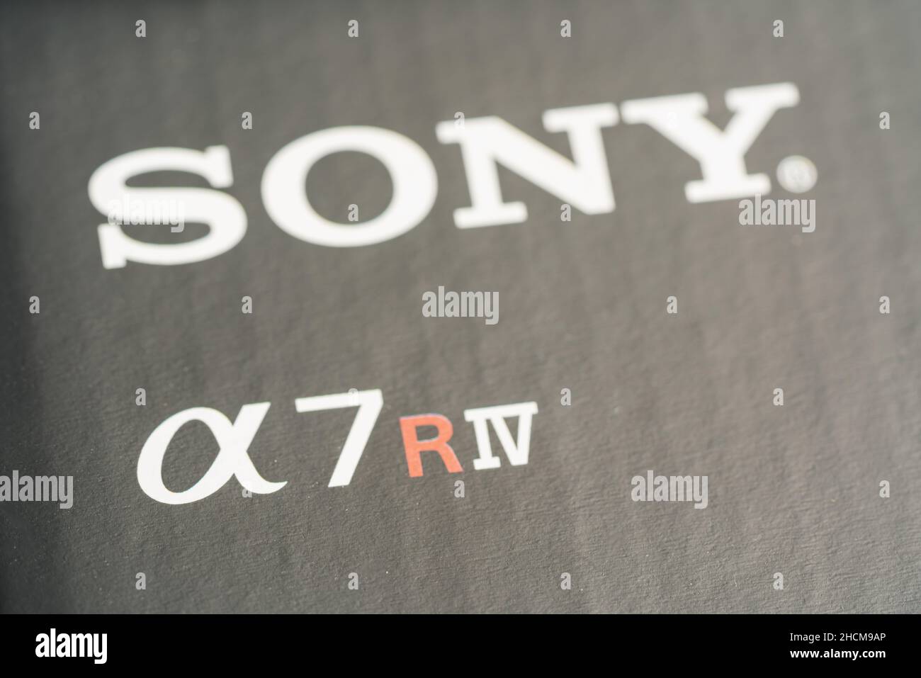 Close-Up of the New Sony Alpha 7R IV and Sony logo on the packaging