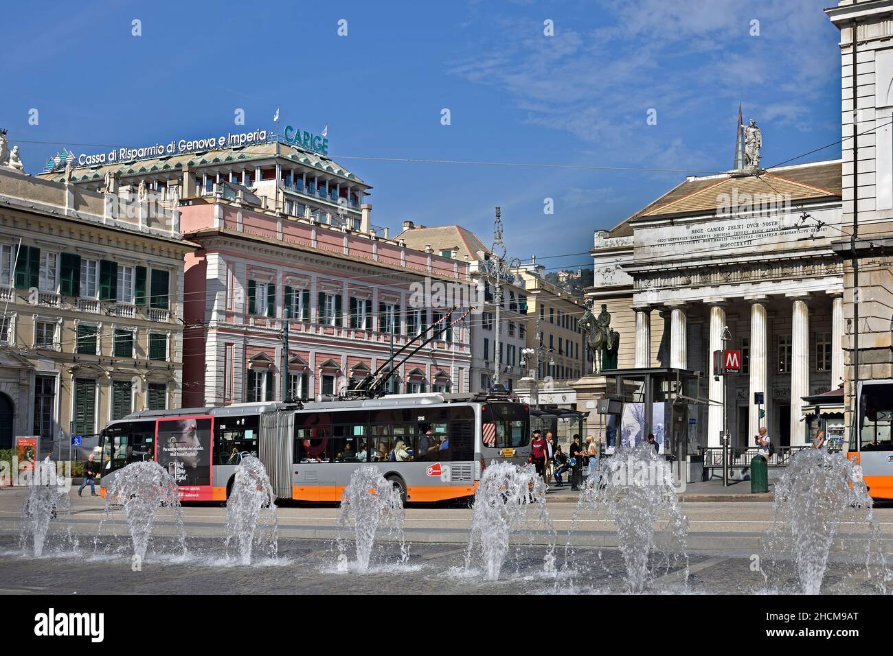 Equestrian statue of Guiseppe Garibaldi in front of the Teatro Carol Felice on Piazza De Ferrari, Genoa, Italy  Genoa, Genova, Italy, Italian. Stock Photo