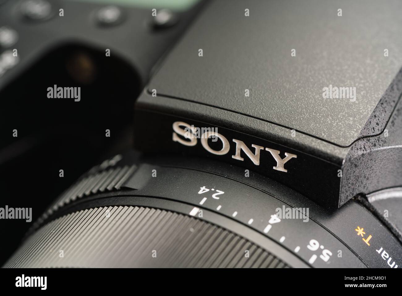 Close-Up of the SONY Cyber-shot DSC-RX10 M4 with Sony Logo Stock Photo