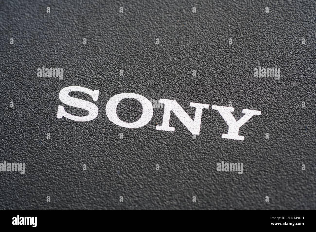 Sony logo. Sony is a Japanese multinational company that manufactures electronic products. Its headquarters are in Tokyo, Japan. Stock Photo