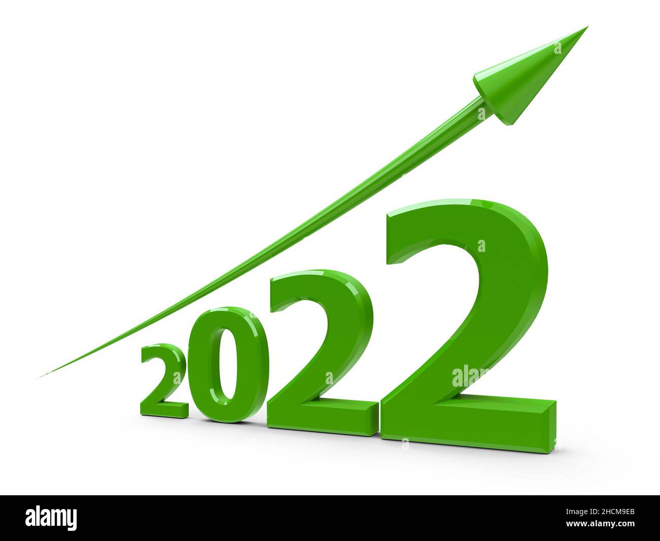 Green arrow up represents the growth in 2022 year, three-dimensional rendering, 3D illustration Stock Photo