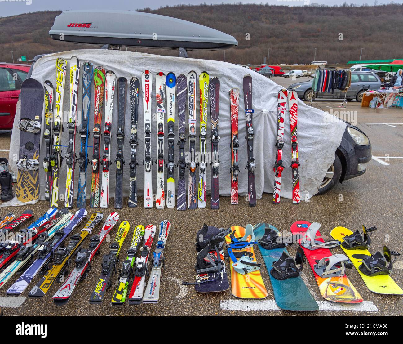 Belgrade, Serbia - December 25, 2021: Second Hand Snow Board and Ski Equipment for Sale at Flea Market. Stock Photo