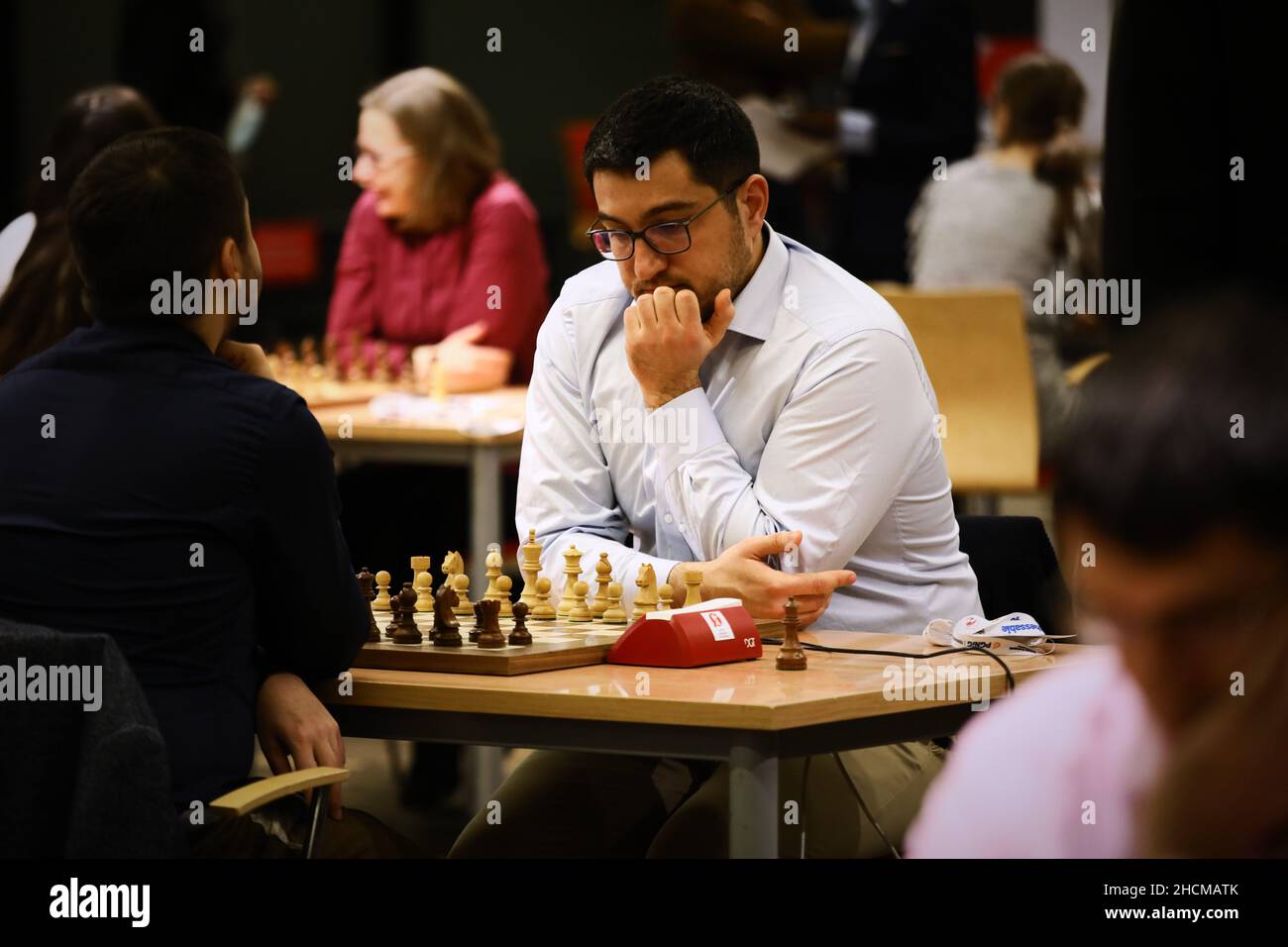 Moscow, Russia. 30th Dec, 2019. Wang Hao (L) of China and Alireza Firouzja  participating under the FIDE flag compete during the Blitz Open final at  2019 King Salman World Rapid & Blitz