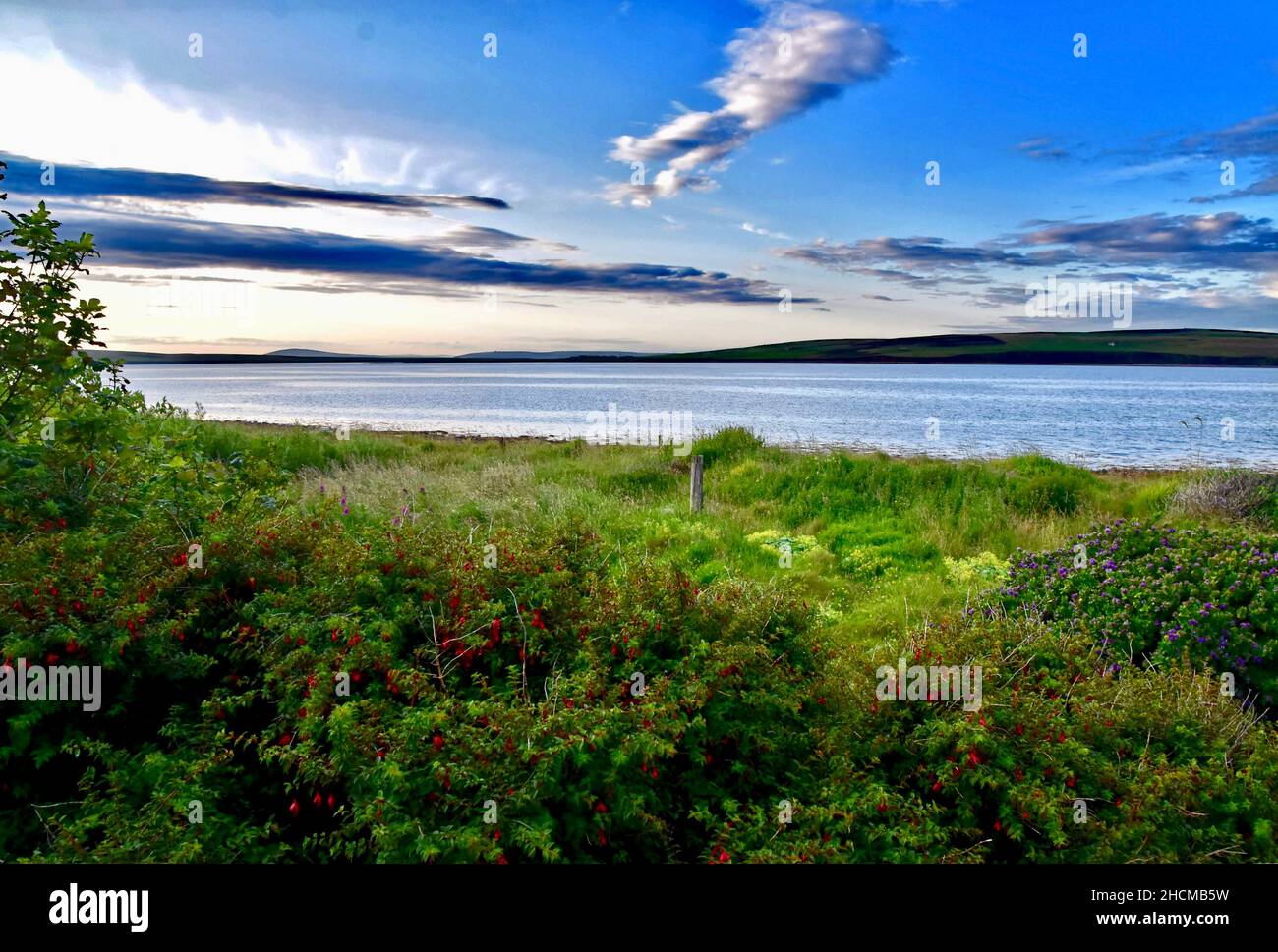 Looking across Water Sound from The Ruff on South Ronaldsay. Stock Photo