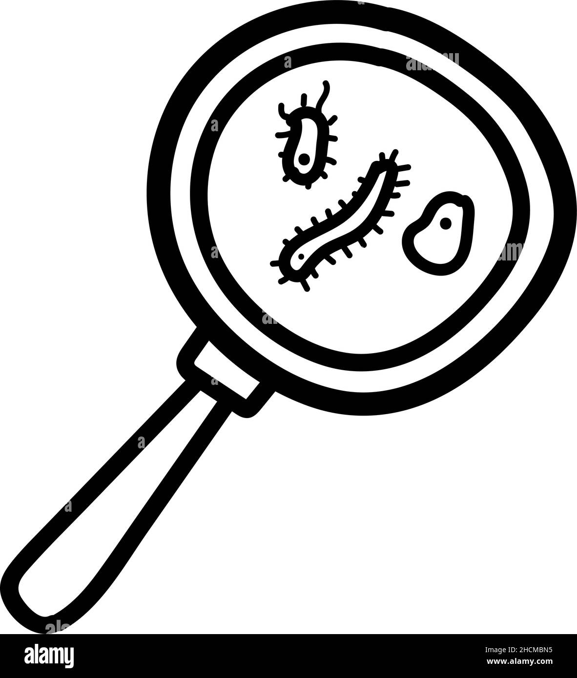 Hand drawn microbial magnifier icon in doodle style isolated Stock Vector