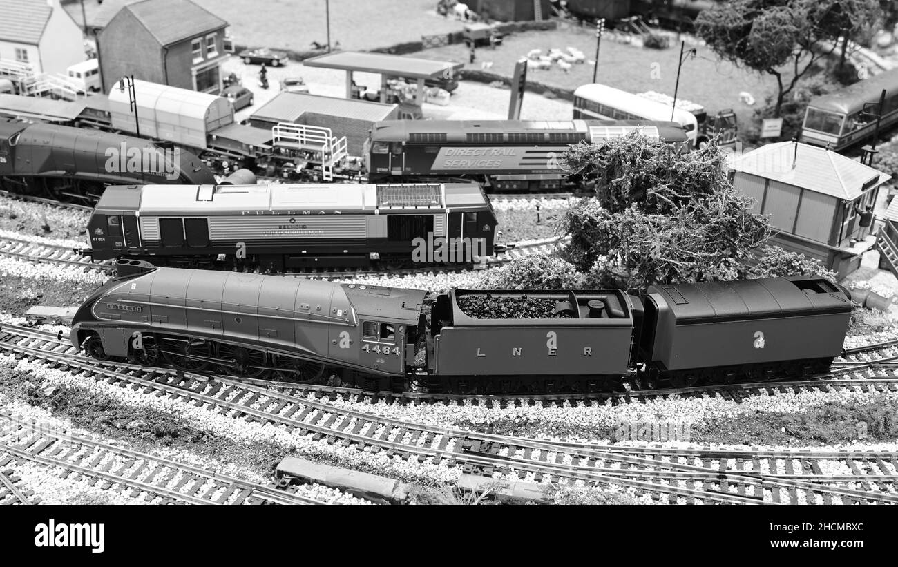 Crawley, West Sussex, UK-December 30th 2021: Models of 'Bittern' with two tenders and a Class 67 'Belmond Pullman' on a model railway. Stock Photo