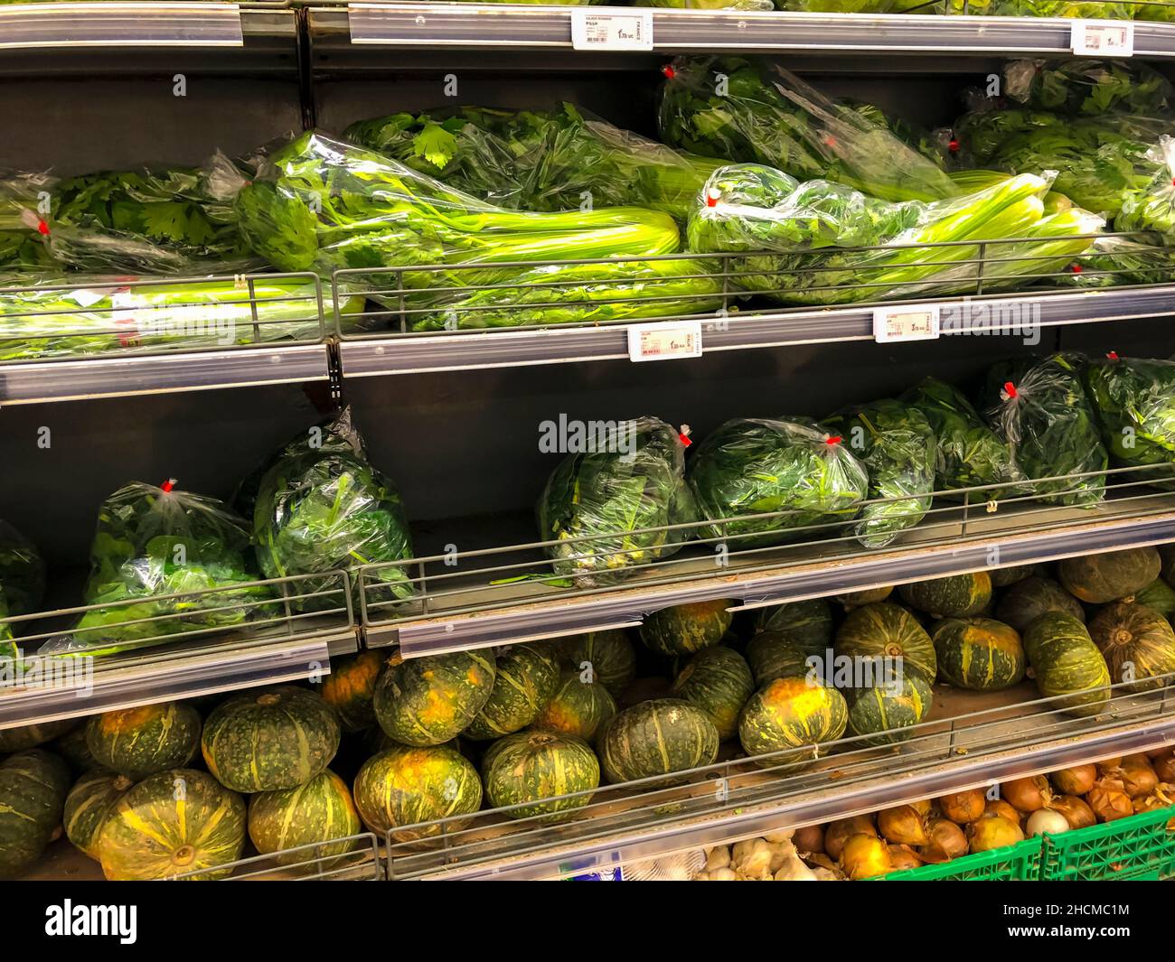 Paris, France, Close up, Fresh Vegetable in Plastic Packaging on Shelves  Shopping in Chinese Supermarket 'Tang Freres' in Chinatown, china meal vegetables Stock Photo