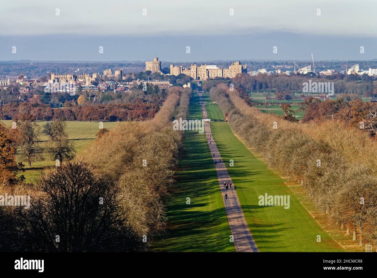 The Long Walk looking towards Windsor Castle viewed from Snow Hill on a sunny winters day, Windsor Great Park  Berkshire England UK Stock Photo