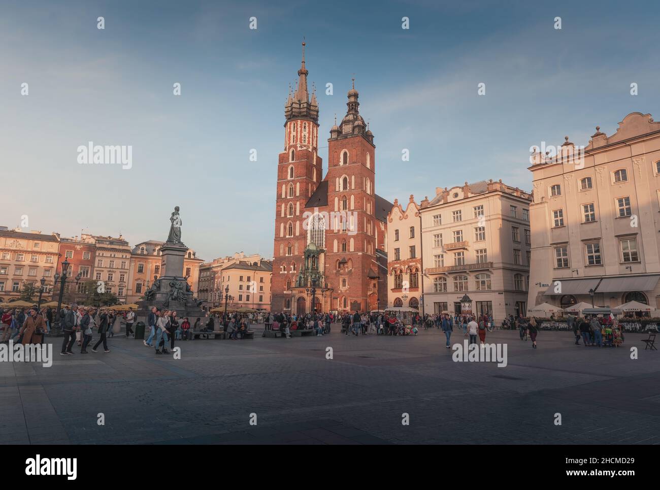 Main Market Square and St. Mary's Basilica - Krakow, Poland Stock Photo