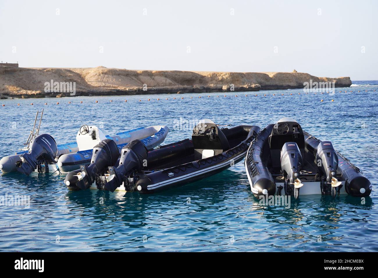 Marsa Alam, Egypt - September 22 2021. Inflatable motor boats on the Red sea. Stock Photo