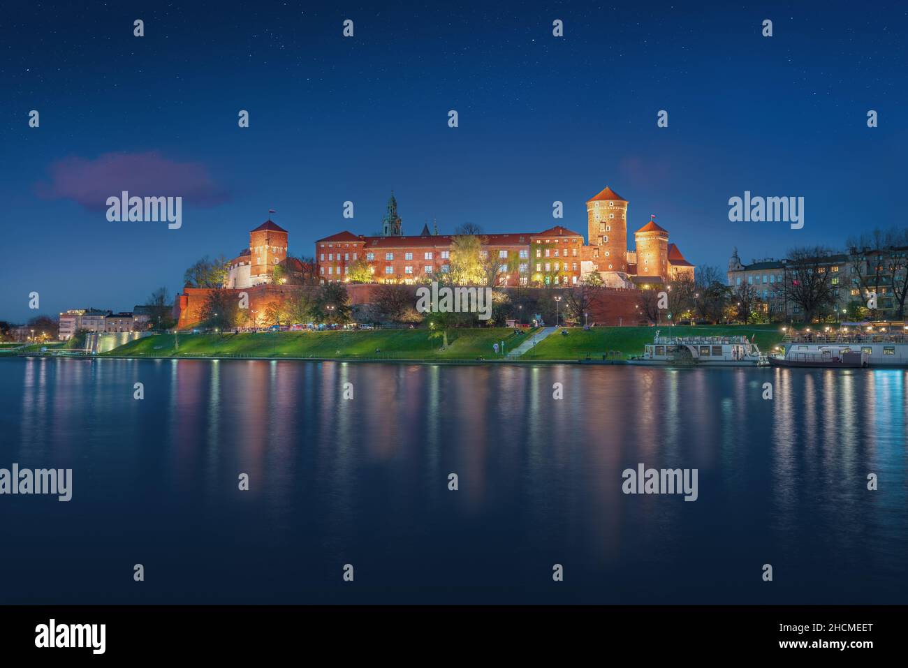 Wawel Castle Skyline at night - Krakow, Poland Stock Photo