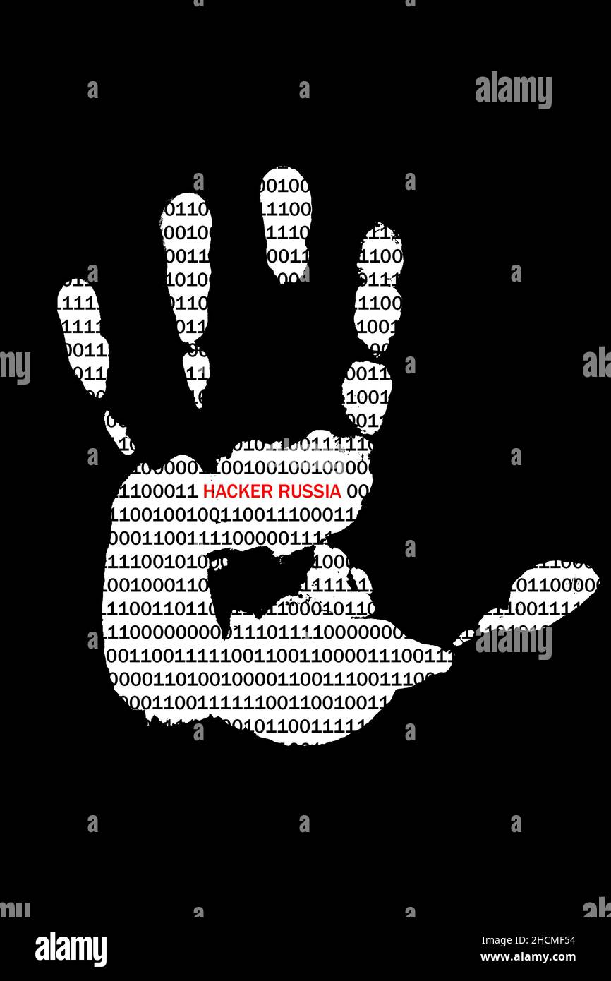 Print left palm hand with binary code and inscription Russian hacker.Concept information warfare Stock Photo