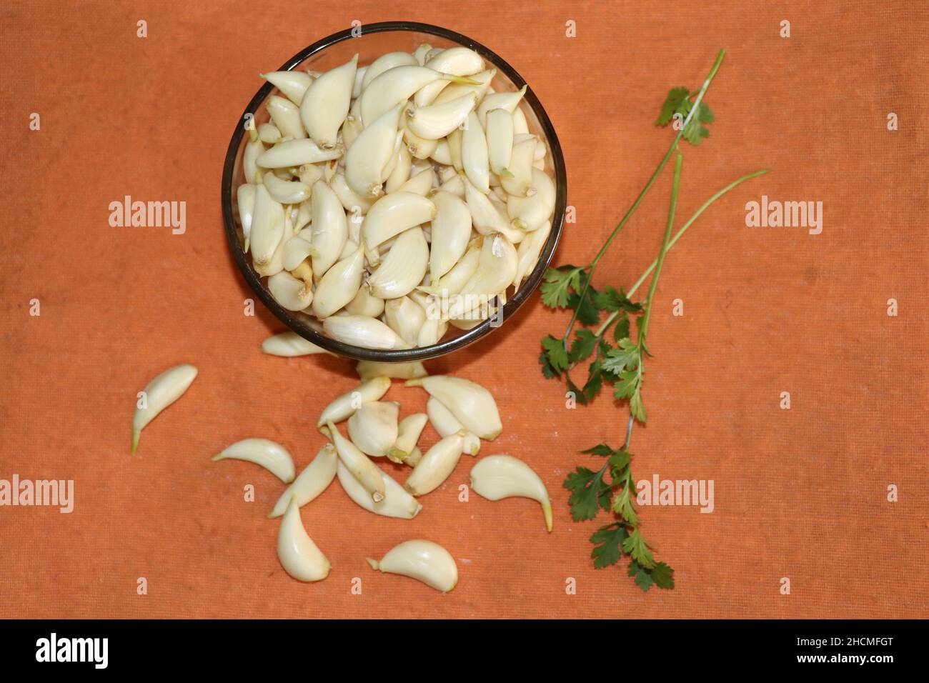 Peeled garlic clove fresh coriander leaf Stock Photo