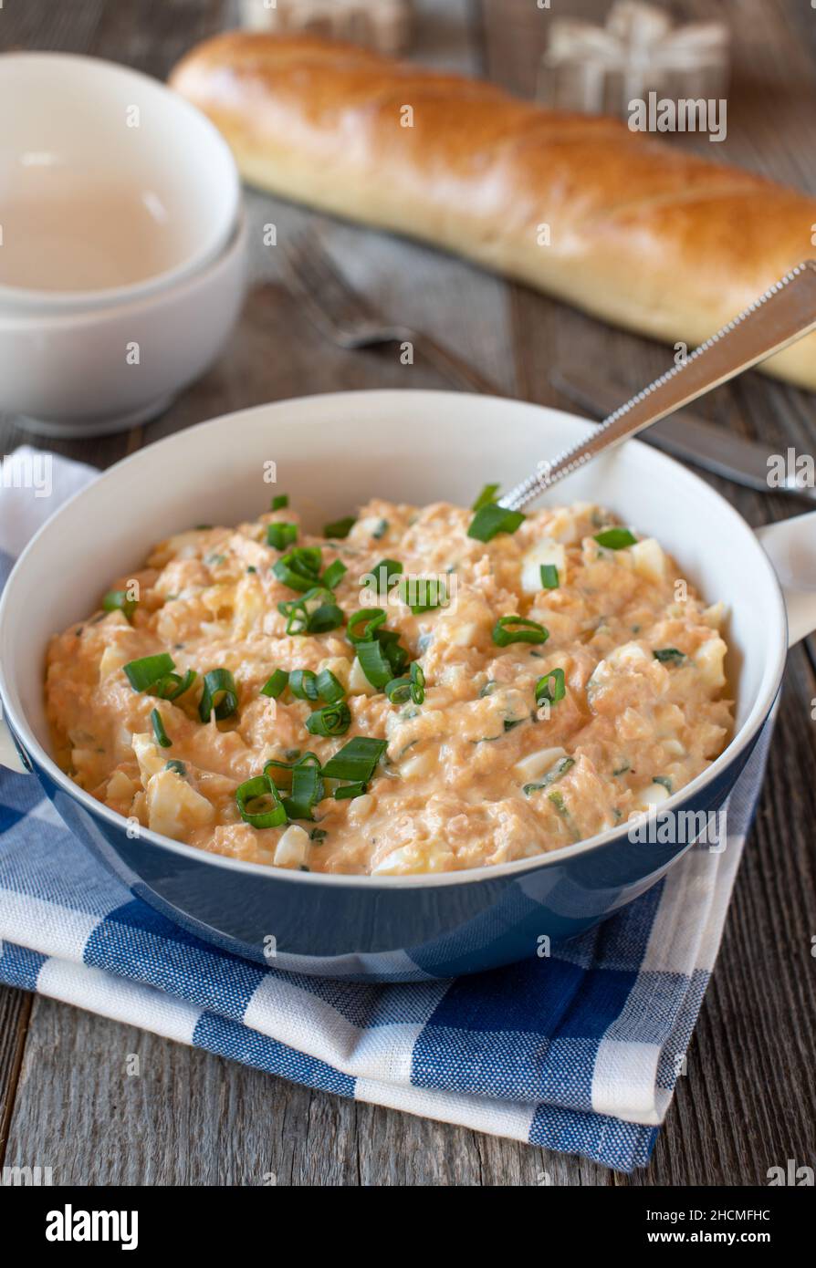 Delicious fish salad made with salmond fillet, boiled eggs, mayonnaise