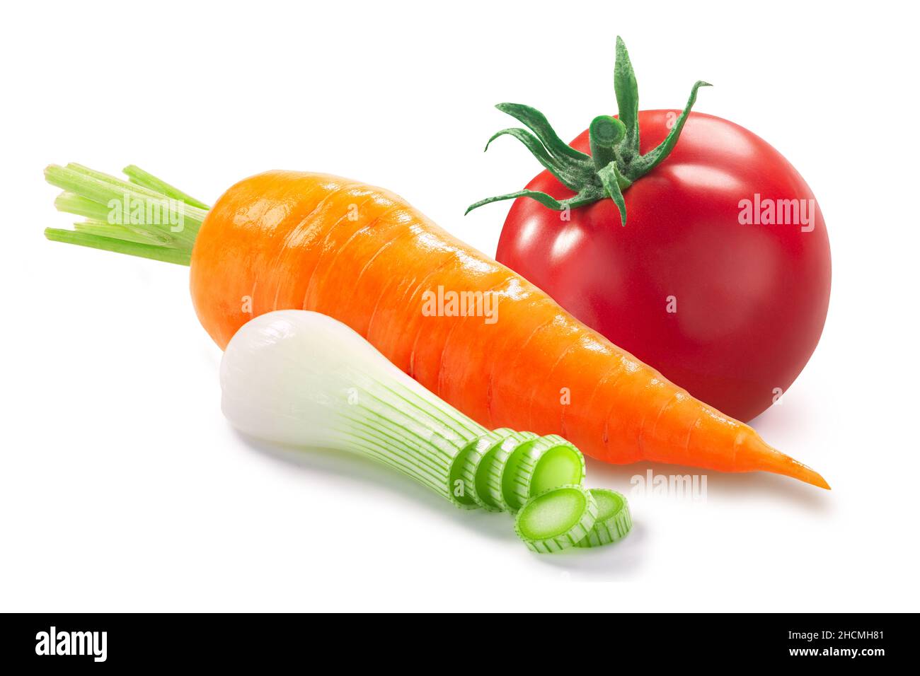 Carrot with green leek and tomato  isolated Stock Photo