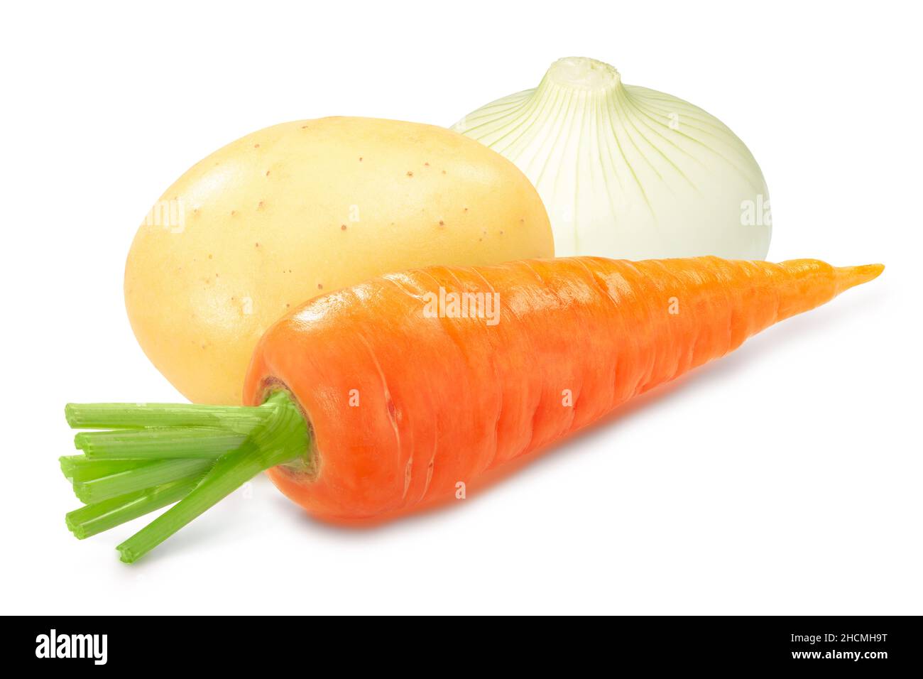 Whole washed carrot with potato and white onion bulb isolated Stock Photo