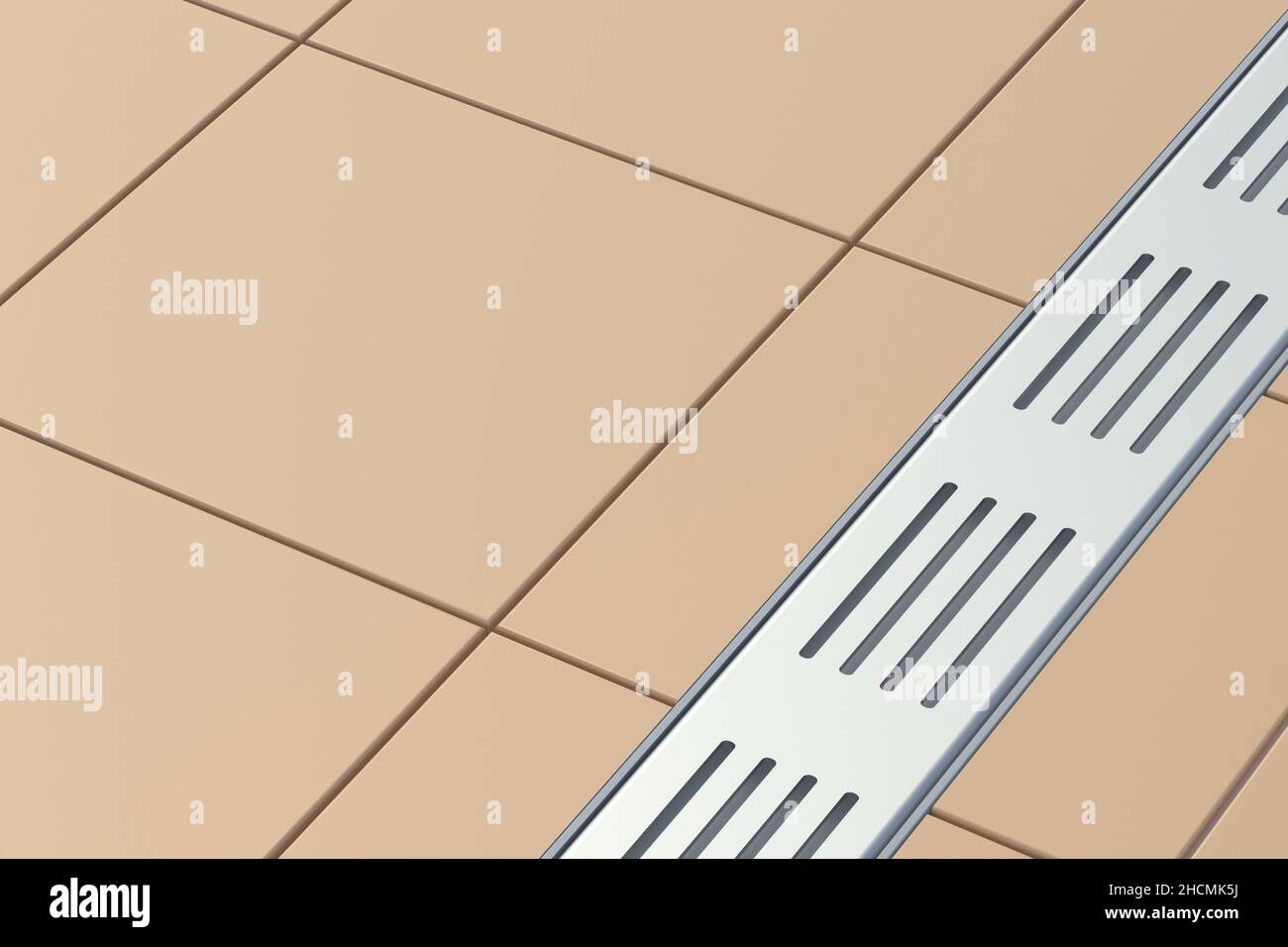 Long rectangular shower drain with stainless grid in bathroom on floor ...