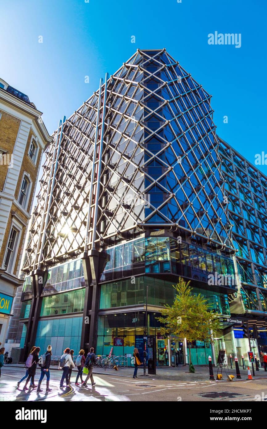 1970s modern glass building 80 Cannon Street next to Cannon Street Station, London, UK Stock Photo