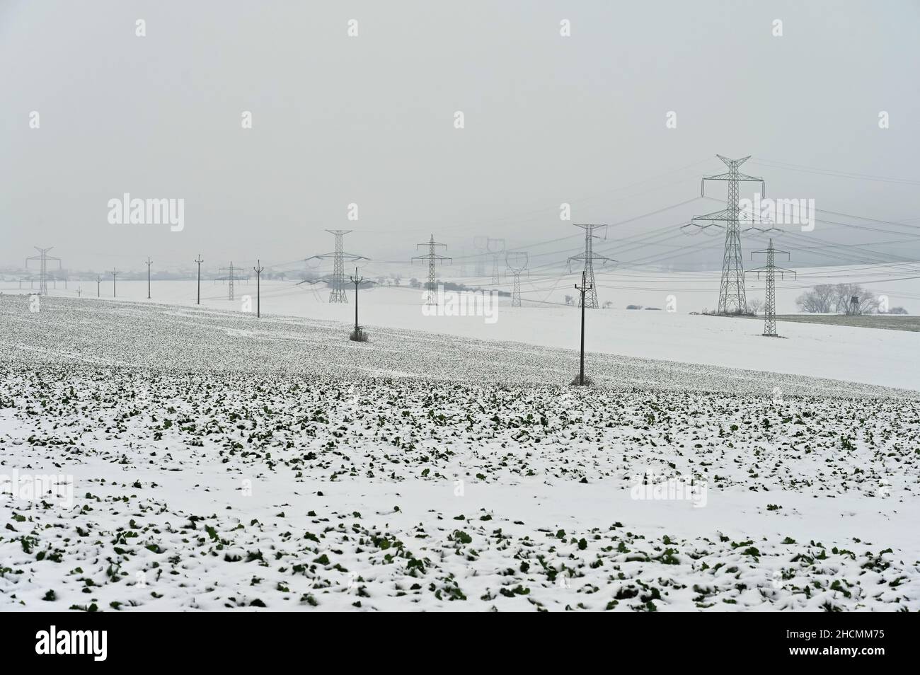 High voltage pylons in winter landscape with snow. Expensive heating in ...