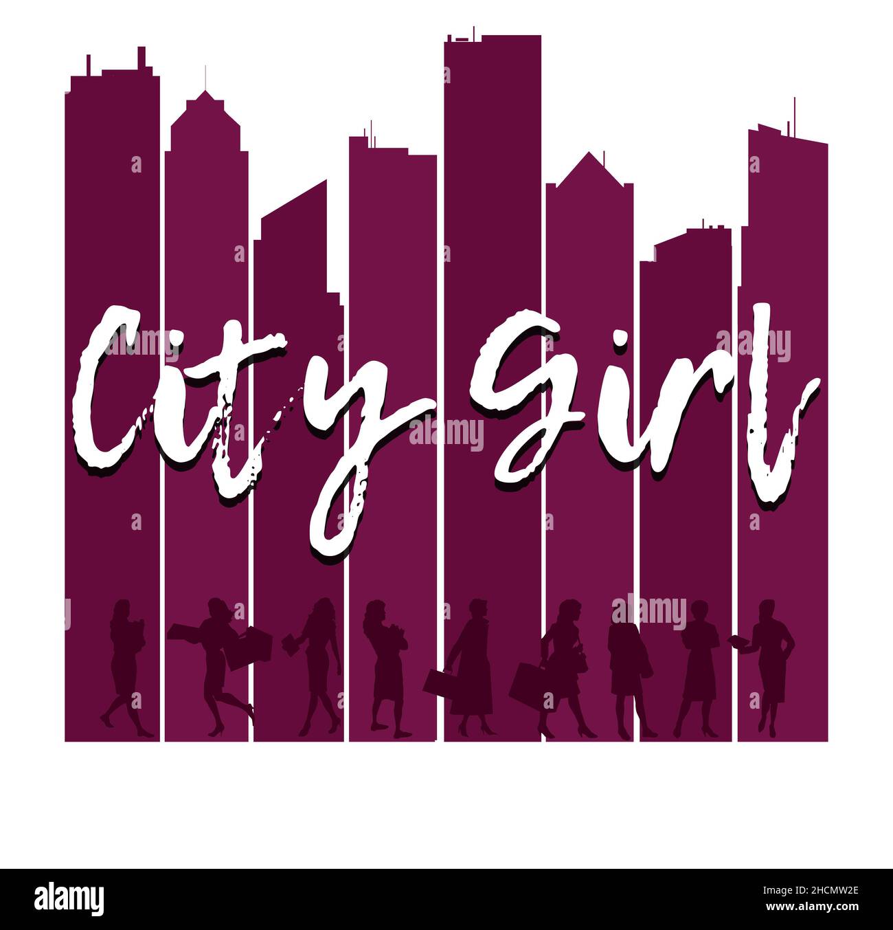 City girls are seen silhouetted against an urban skyline in this 3-d illustration. Stock Photo