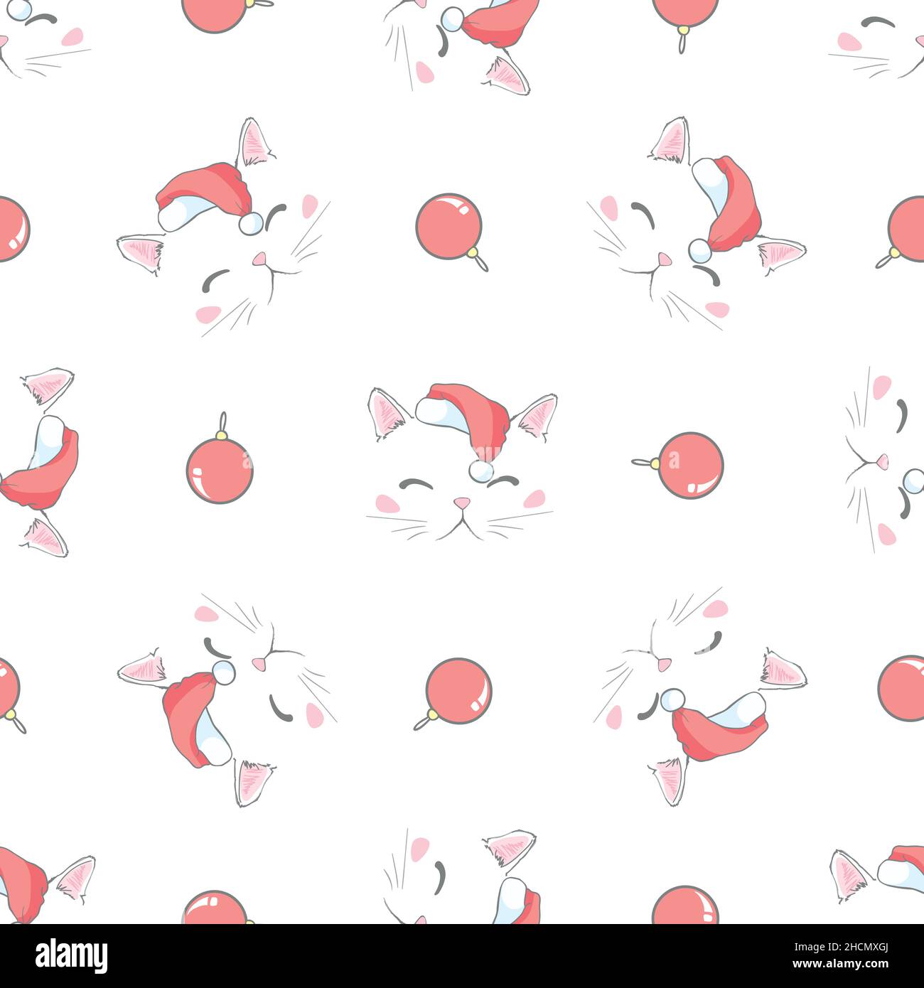 cat seamless pattern Christmas Santa Claus hat kitten vector cartoon ...