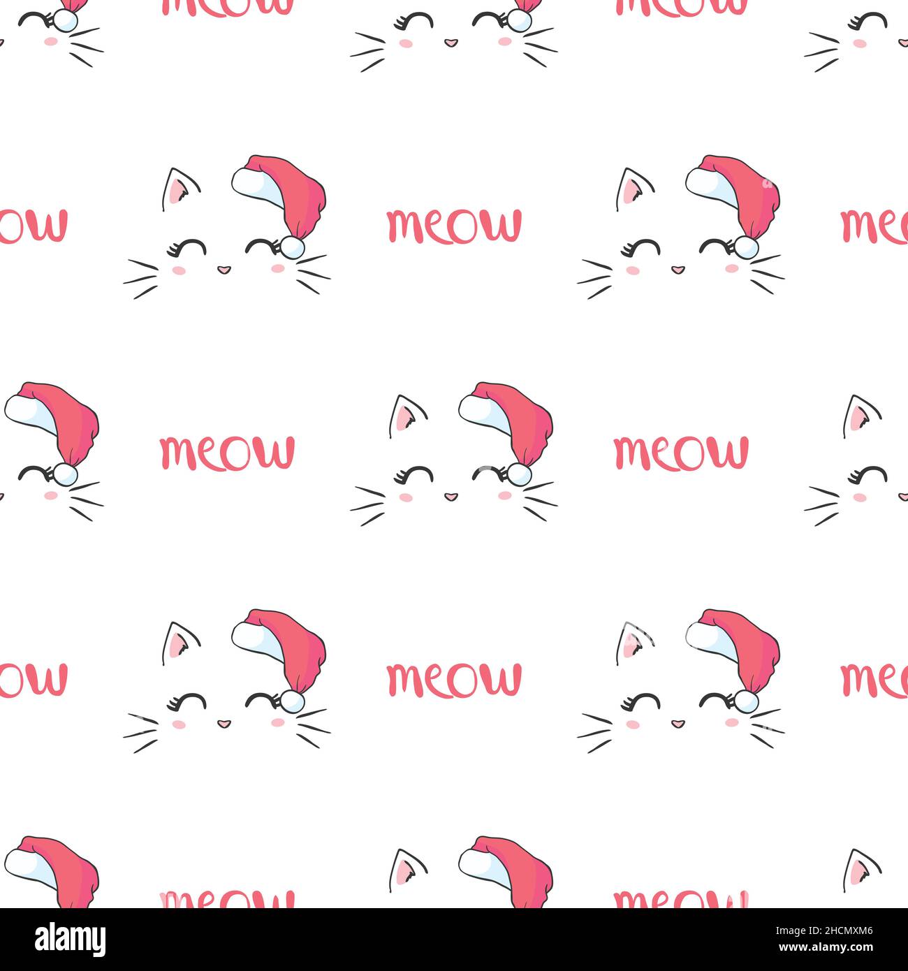 cat seamless pattern Christmas Santa Claus hat kitten vector cartoon ...