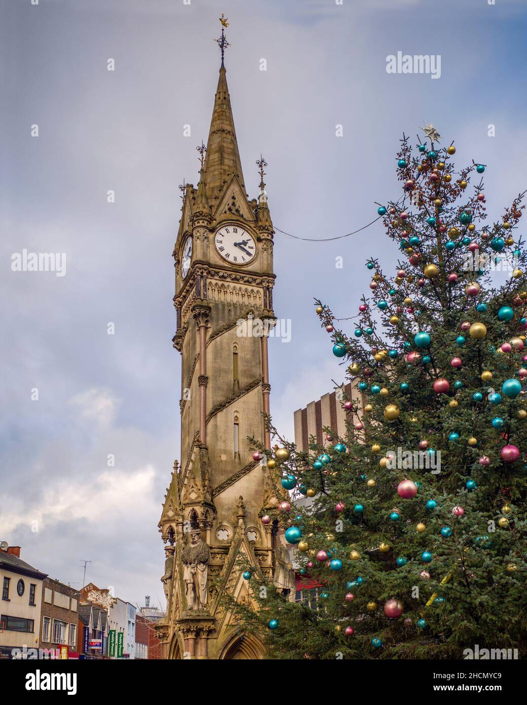 The Leicester Christmas tree shown next to the Haymarket Memorial Clock Tower an important