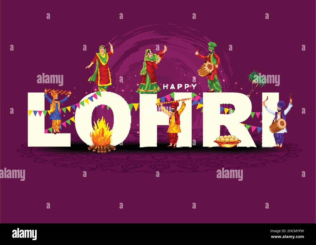 Happy Lohri tradition festival of Punjab India background. group of
