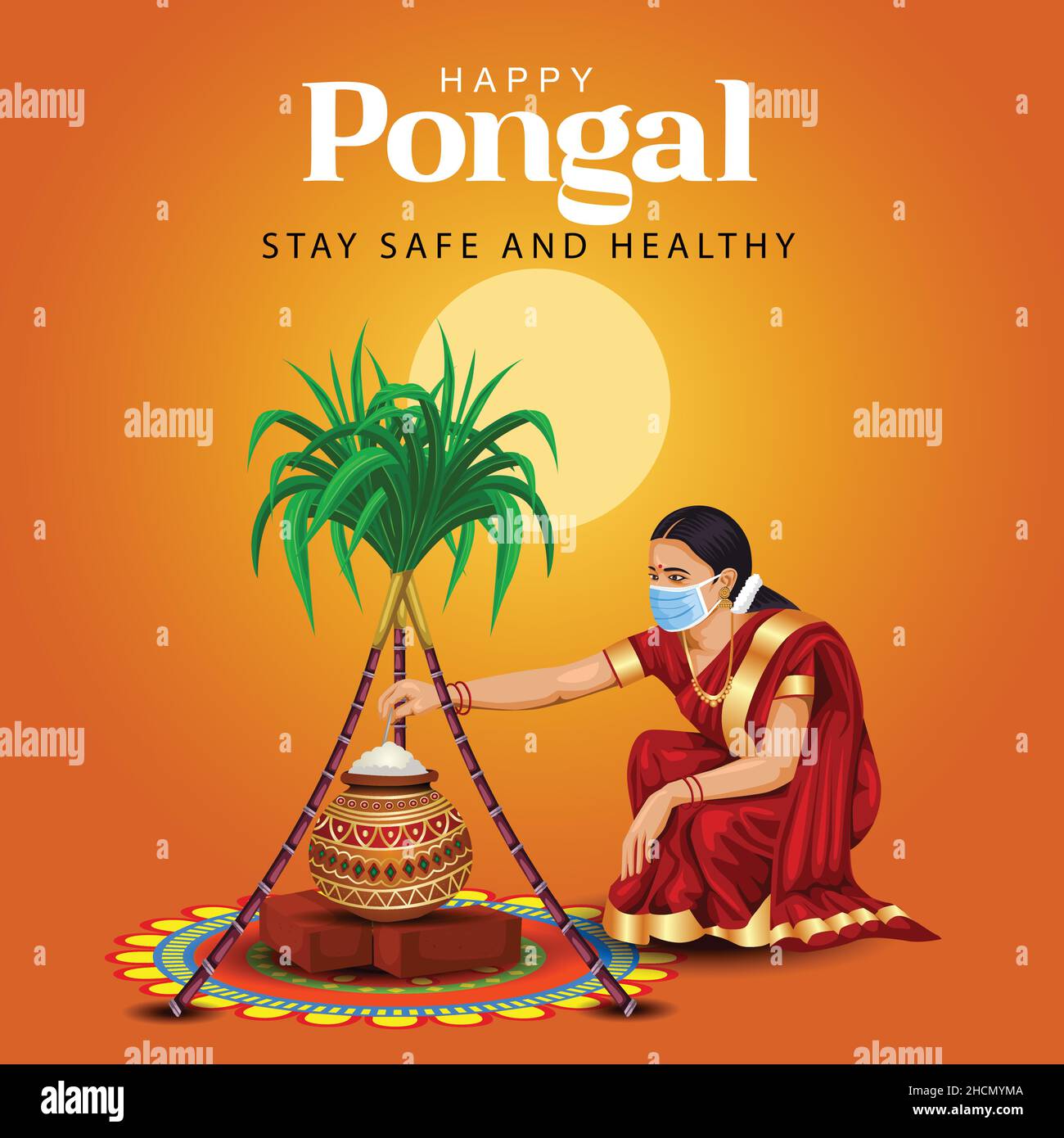 Happy Pongal celebration with sugarcane, Rangoli, pot and rice. Tamil girl wearing face mask. Indian cultural festival celebration concept vector illu Stock Vector