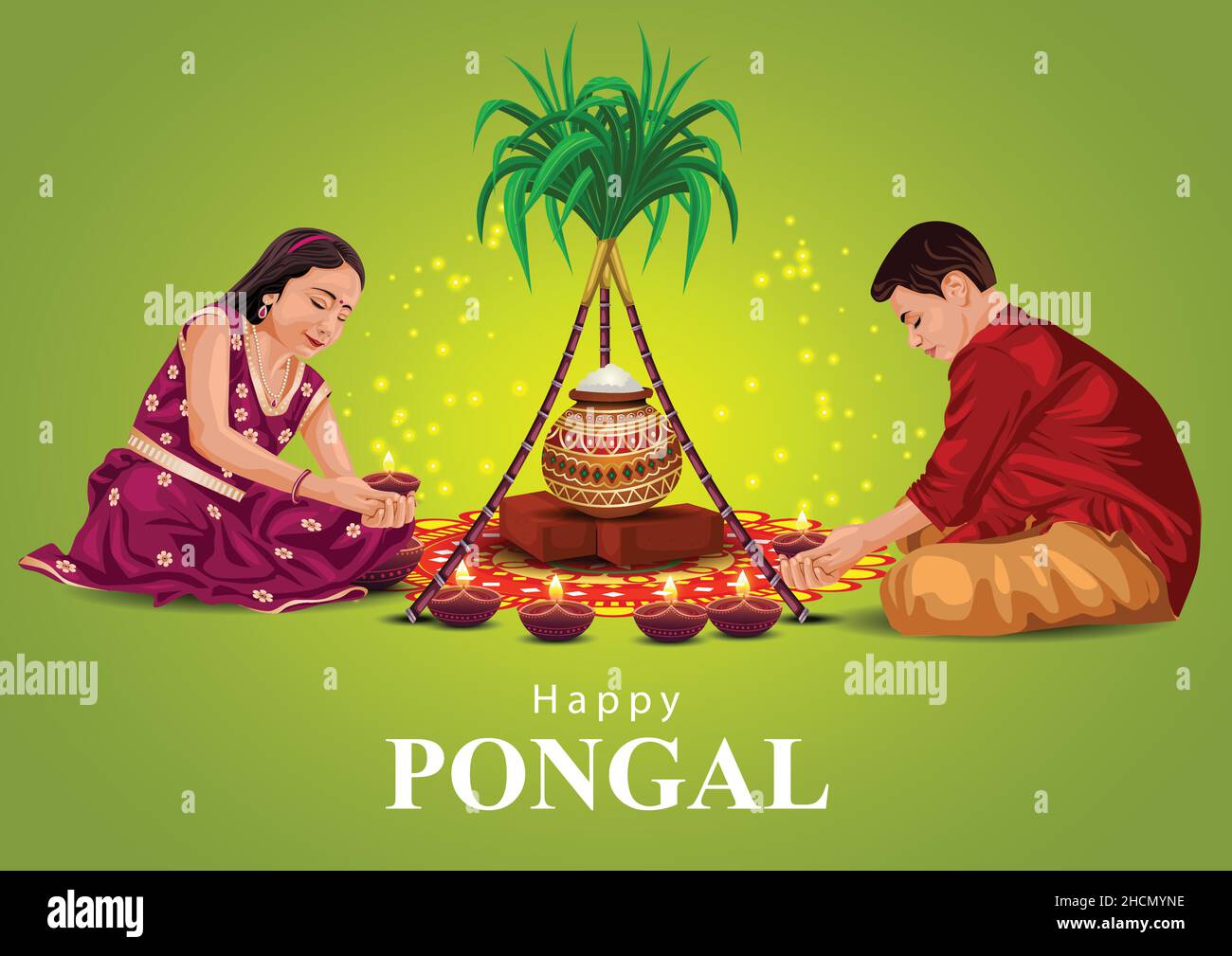 Happy Pongal celebrations banner, template or poster design. South Indian harvest festival with kids making  Pongal on dark background. vector illustr Stock Vector